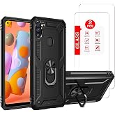 for Samsung Galaxy A11 Case with [2 Pack] Tempered Glass Screen Protector, for Galaxy A11 Heavy Duty Armor [Military-Grade] Protective，with Magnetic Kickstand for Samsung A11 Phone Case Black