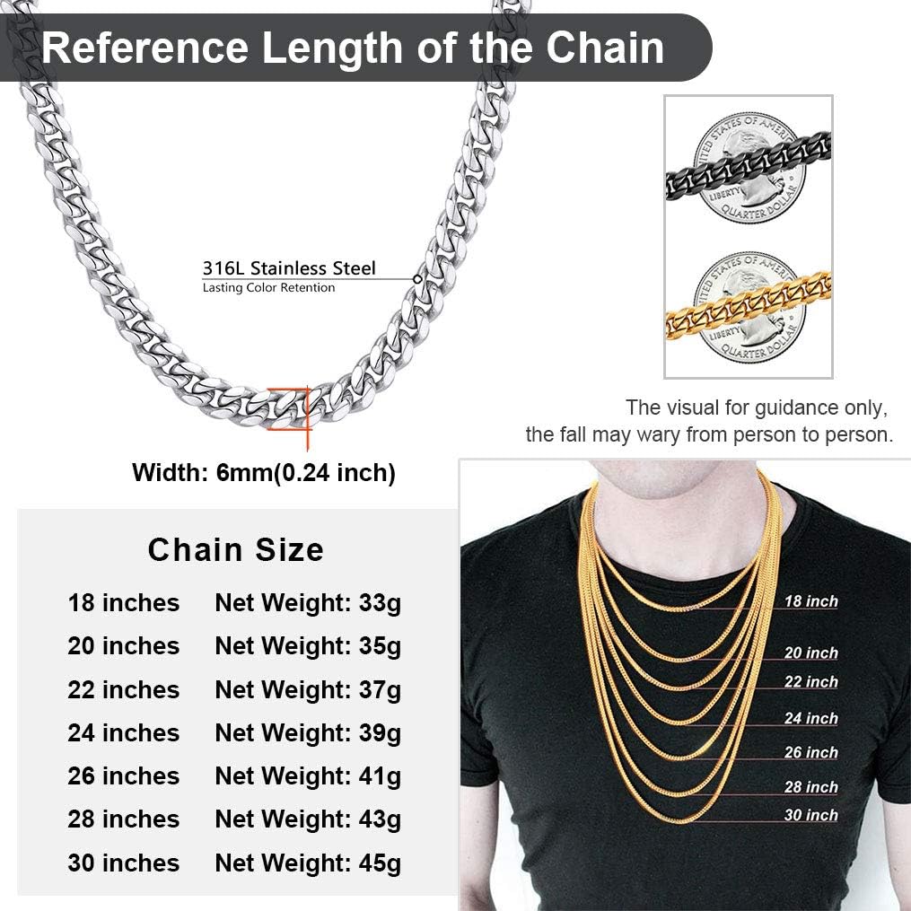 316L Stainless Steel Men Boy Cuban Necklace Chain 22inch 6MM Chain Chain Boys Gifts | 