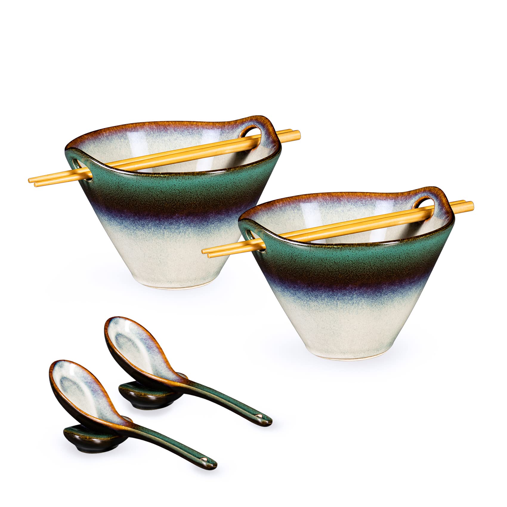 HENXFEN LEAD Porcelain Ramen Bowl Set, 2 Pcs 600ml Japanese Ceramic Soup Bowl with Chopsticks & Spoon for Soup, Salad, Pasta, Cereal, and Noodles - Green