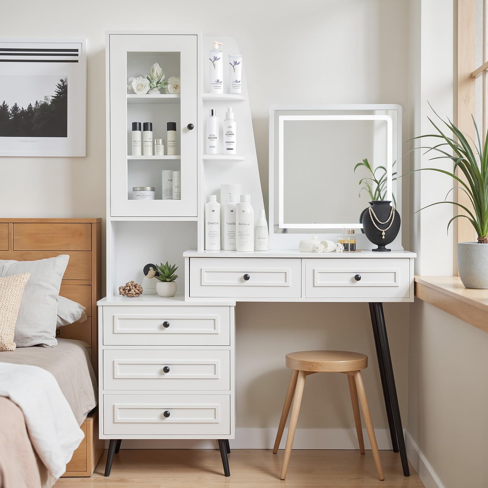 Mixcous Vanity Dresser with Mirror and Lights, 43" White Makeup Vanity