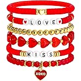 yfstyle Valentines Bracelets Gifts for Women Red Heart Love Bracelet Stretch Clay Beads Surfer Heishi Bracelets Set Valentines Accessories Gifts