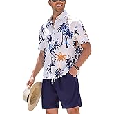 OLEMEK Men's 2 Piece Outfits Hawaiian Tropical Print Short Sleeve Button Down Shirt and Drawstring Shorts Beach Set