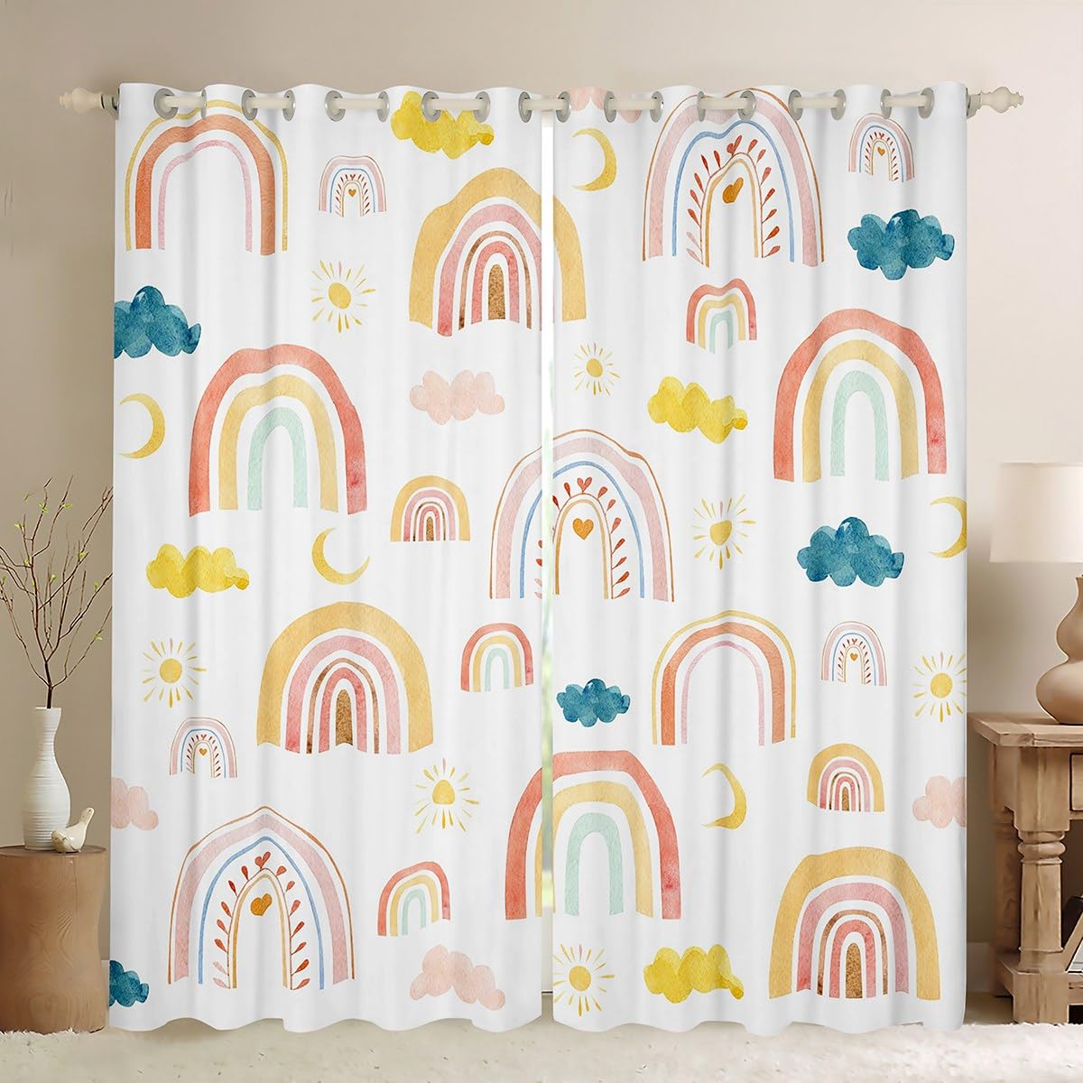 Kawaii Cloud Rainbow Window Curtains Boys Cute Rainbow Blackout Curtains for Kids Lovely Kids Rainbows Blackout Curtains Sweetheart Window Treatments W66*L72