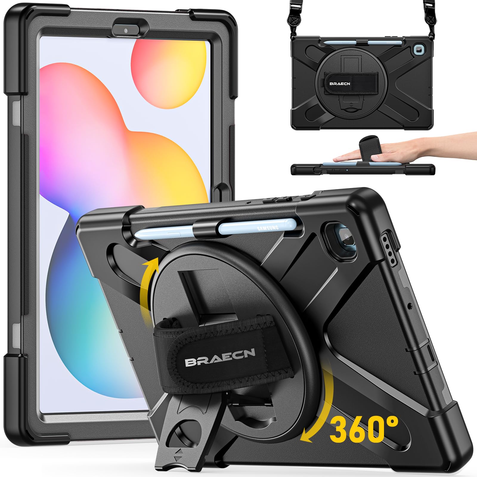 BRAECN Case for Galaxy Tab S6 Lite 2024/2022/2020 10.4 inch, SM-P620/P625/P613/P619/P610/P615, Durable and Sturdy Shockproof Cover with 360° Rotating Hand Strap & Kickstand, Shoulder Strap - Black