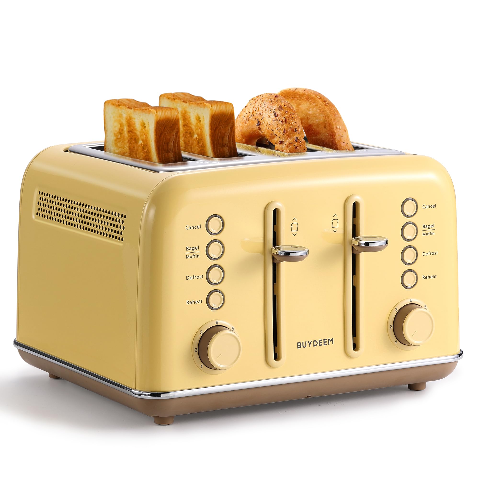 BUYDEEM DT640 Tostadora retro de 4 rebanadas, 7 configuraciones de sombra, ranuras extra anchas de 1.5 pulgadas, tostadora de acero inoxidable con función de recalentamiento de descongelación de panecillos y muffins, amarillo
