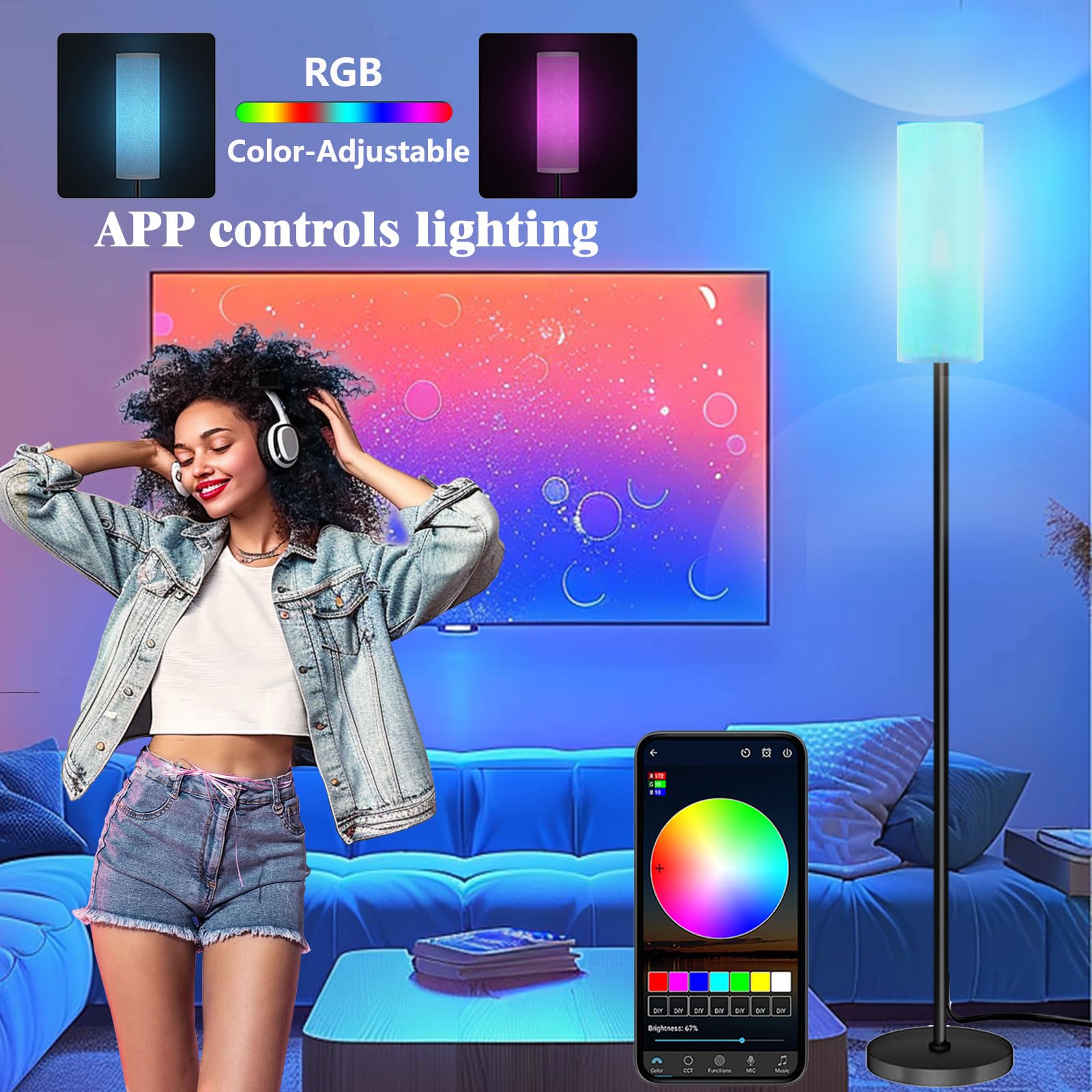 Smart LED Floor Lamp with APP Control & RGB Colors - Dimmable Standing Lamp for Living Room, Bedroom, Gaming - Remote, Timer, 9W Bulb Included, 67