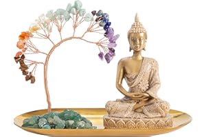 7 Chakra Healing Crystal Tree and Zen Statue, Sakyamuni Buddha Statue, Meditation Chakra Decoration, Home, Shelf, Office, Man