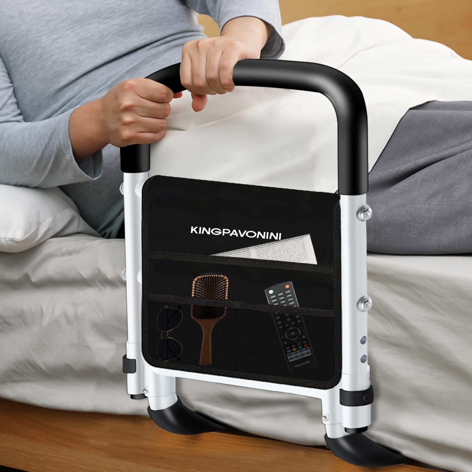 KingPavonini Bed Rails for Elderly Adults Safety - Adjustable Bed Cane with Non-Slip Ergonomic Handle and Storage Pocket, Bed Railings for Seniors Hold up to 350 Lbs, Tool-Free Installation