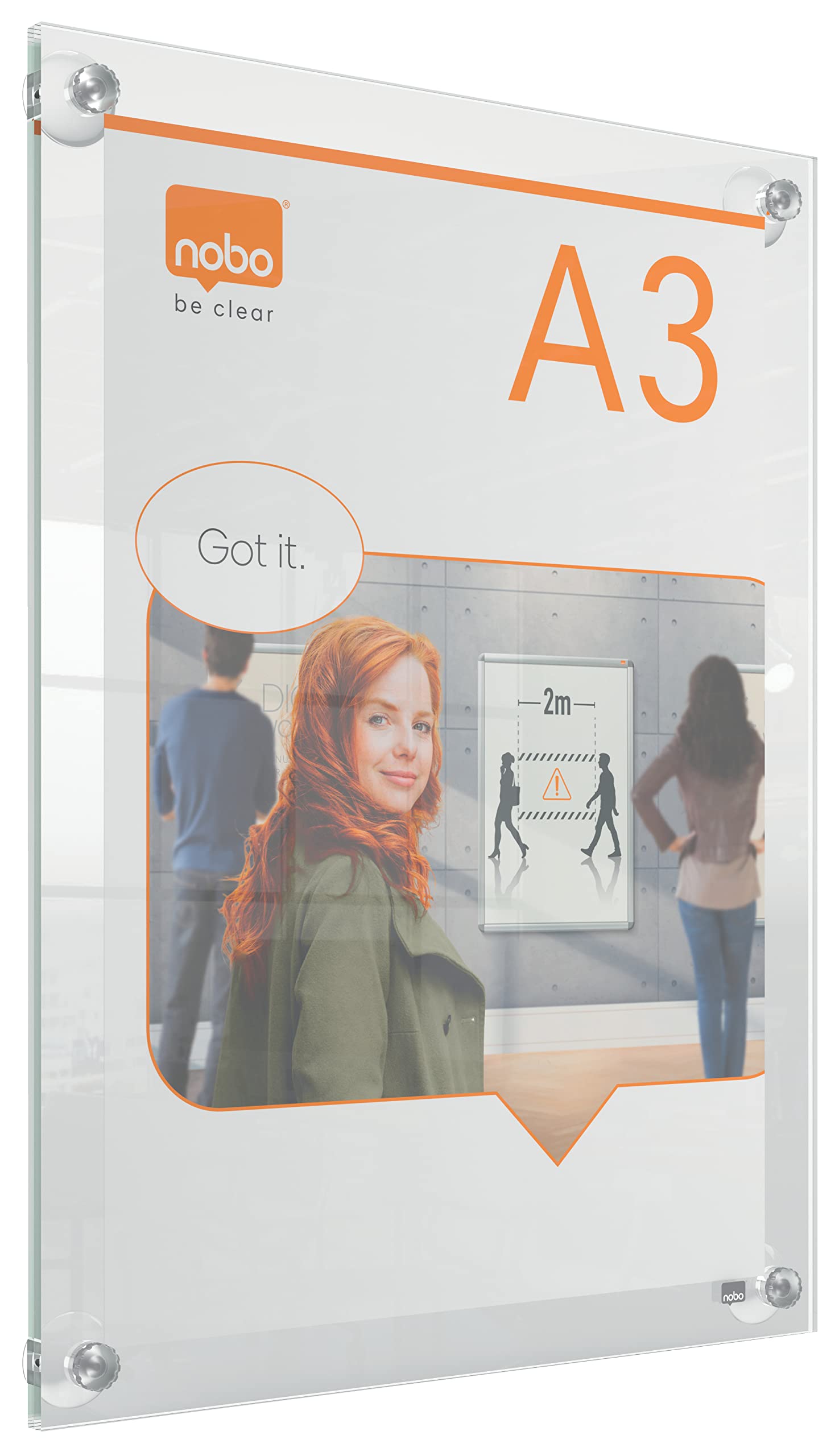 Nobo A3 Acrylic Wall Mounted Repositionable Poster Frame, Frameless, Portrait/Landscape, Suction Cup Pad Mounting, Premium Plus, Clear, 1915599 — image 1