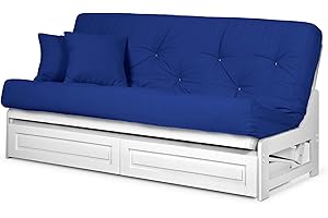 NIRVANA FUTONS Arden White Futon with Storage Drawers Full or Queen Size - Space Saving Armless Design with Comfortable Mattress Included (Twill Royal Blue), Sofa Bed Available in Other Mattress Colors