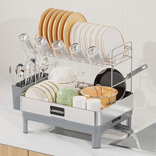LIONONLY 2 Tier Dish Drainer Rack,Premium 304 Stainless Steel Dish Drying Rack,Anti-Rust Draining Board Rack with Cup Holder,Swivel Spout & Utensil Holder,Dish Racks for Kitchen Counter