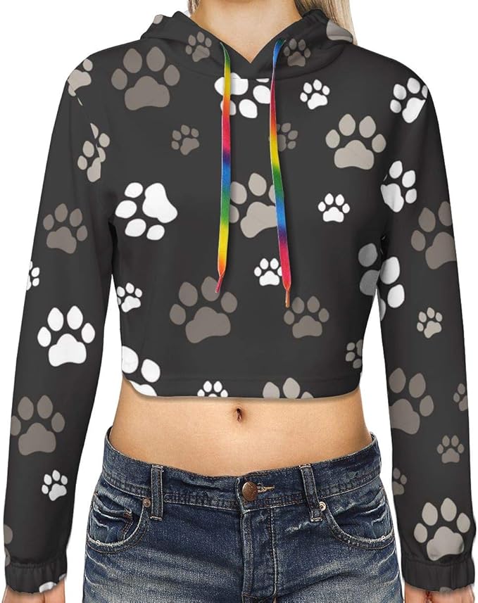 Dog Paw Prints Women's Cropped Hoodie Long Sleeve Hoodie Casual Pullover Sweatshirt at Amazon 