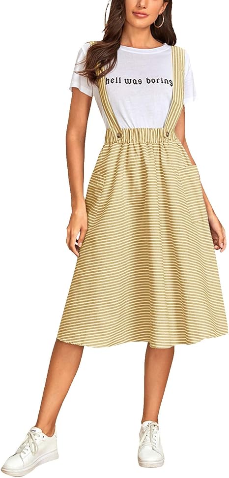 Amazon Co Jp Romwe サスペンダースカート チェック柄 ジャンパースカート フロントポッケト付き Aライン オーバーオール レディース 夏 Lサイズ 服 ファッション小物