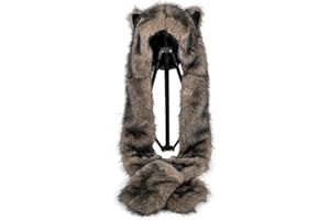 JforSJizT Wolf Hat Faux Fur Hood 3 in 1 Scarf Hat and Mittens with Ears and Paws, Plush Animal Spirit Costume
