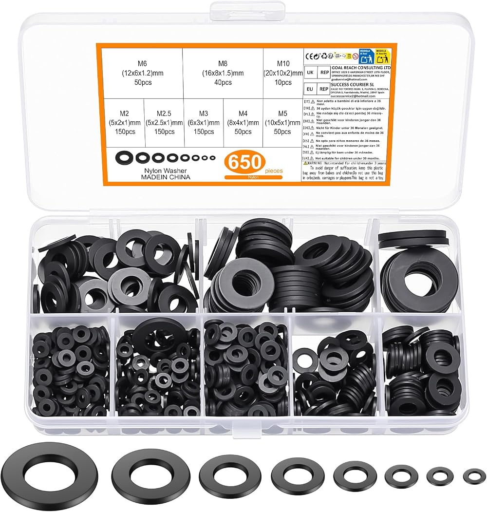 ZWFSDM 650 Pcs Nylon Washers Set Black Flat Spacers M2-M10 Assorted