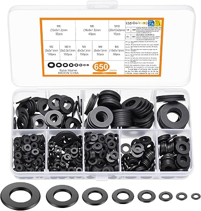 ZWFSDM 650 Pcs Nylon Washers Set Black Flat Spacers M2-M10 Assorted