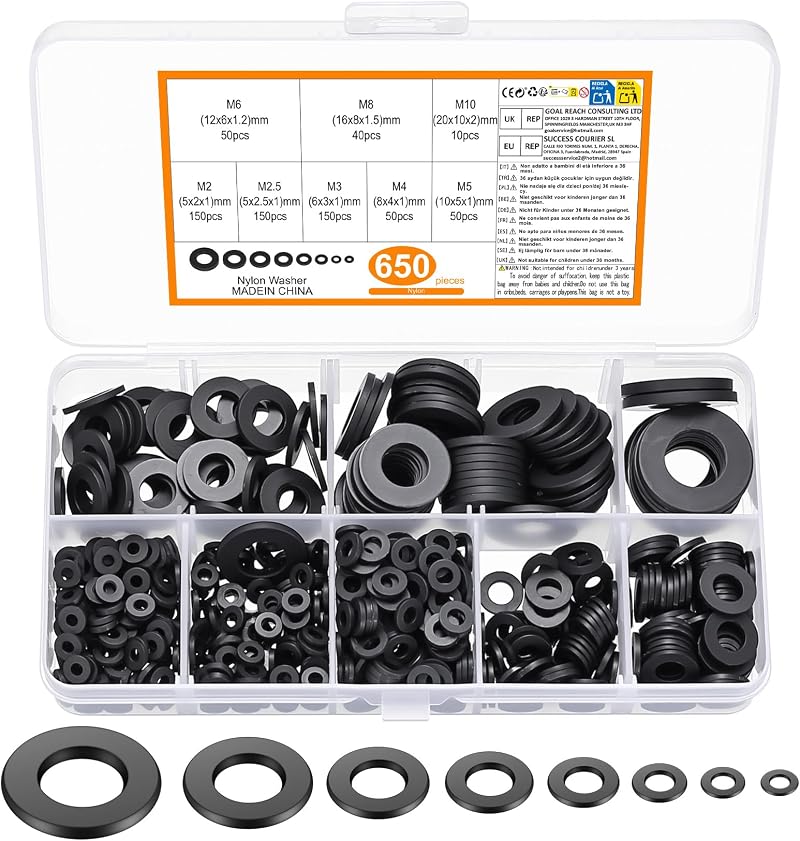 ZWFSDM 650 Pcs Nylon Washers Set Black Flat Spacers M2-M10 Assorted