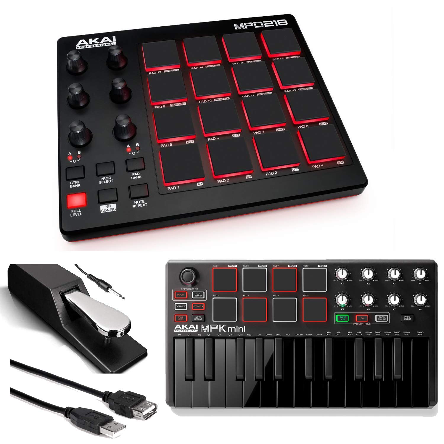 Akai Professional MPD218 | MIDI Drum Pad Controller with Akai MPK Mini MKII  | 25-Key Portable USB MIDI Keyboard (Black) + Pedal & USB Cable - Top Value  ...