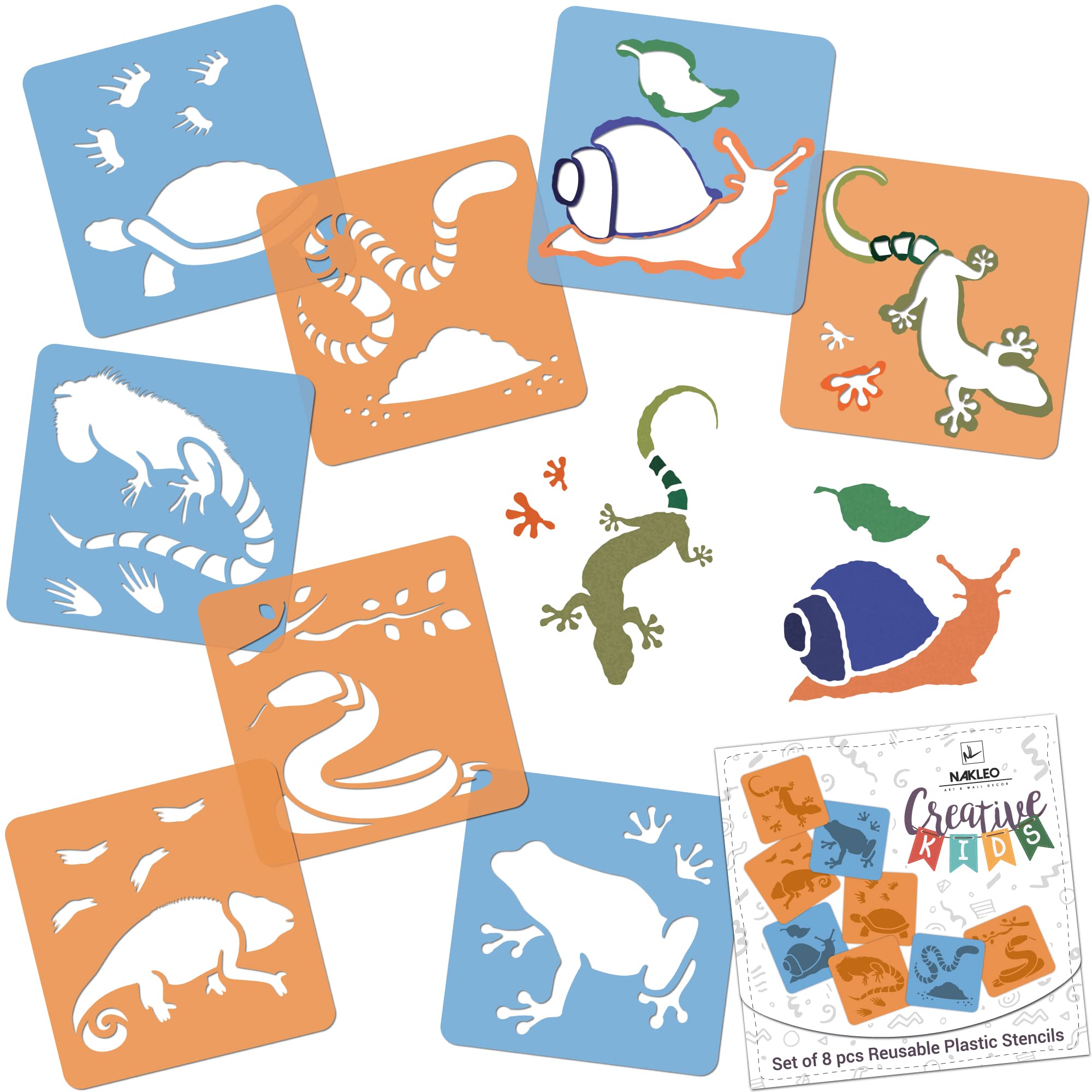 NAKLEO Painting Stencils for Kids, 8 Pcs Set 15x15cm Reptiles Amphibians, Children Creative Drawing Templates Plastic and Reusable, DIY Decoration Arts and Crafts, Paper Wall Wood Fabric