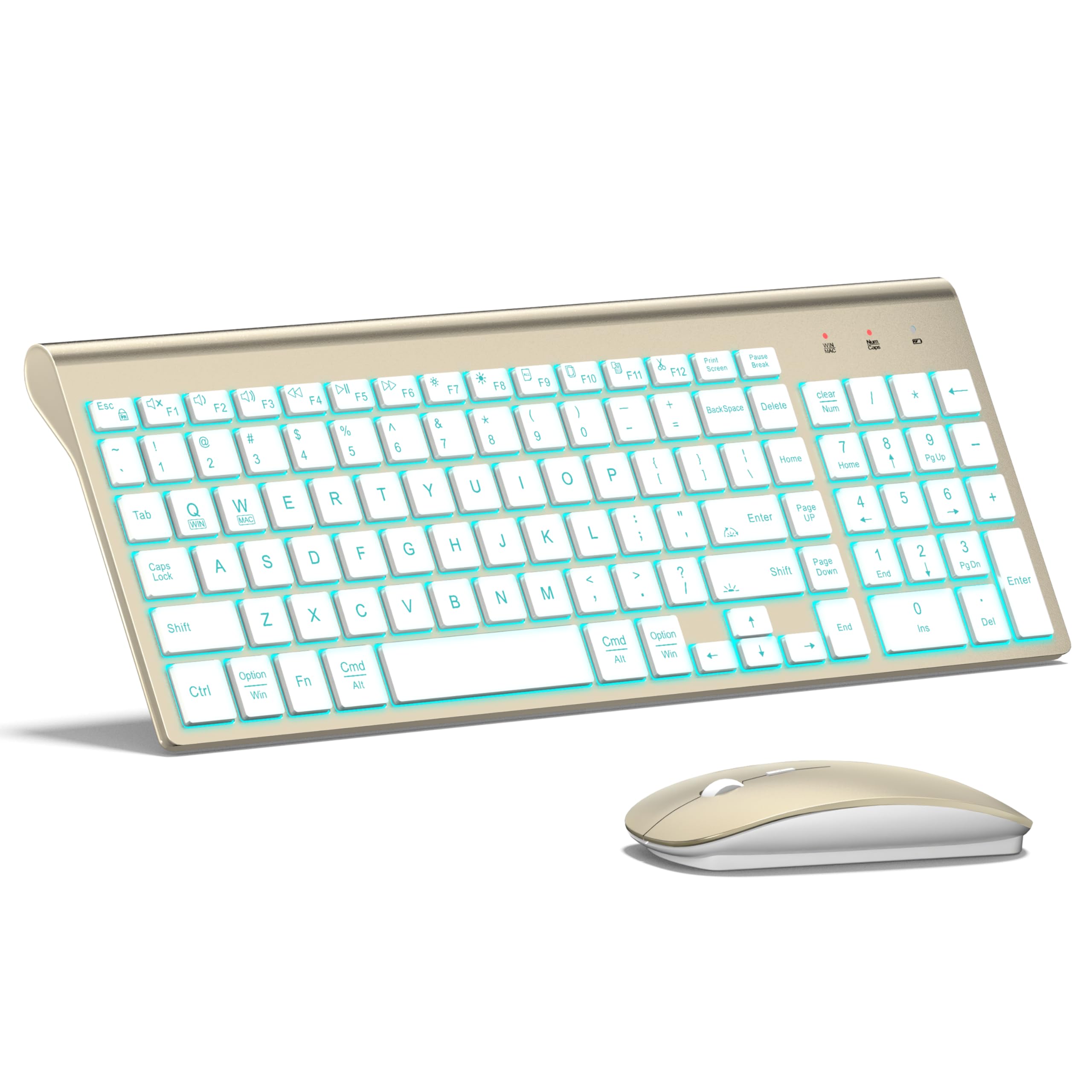 Wireless Keyboard and Mouse Ultra Slim Combo, TopMate 2.4G Silent Compact USB 2400DPI Mouse and Scissor Switch Backlit Keyboard Set, for PC/Laptop/Windows/Mac/Gaming - Gold White