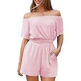 Fixmatti Womens Off The Shoulder Romper Short Sleeve Smocked Waist Mini Jumpsuit with pockets