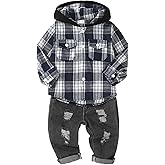 ODIMAME Toddler Baby Boy Fall Winter Clothes Long Sleeve Plaid Hooded Sweatshirt Ripped Holes Jeans Set 1-5 Years Old