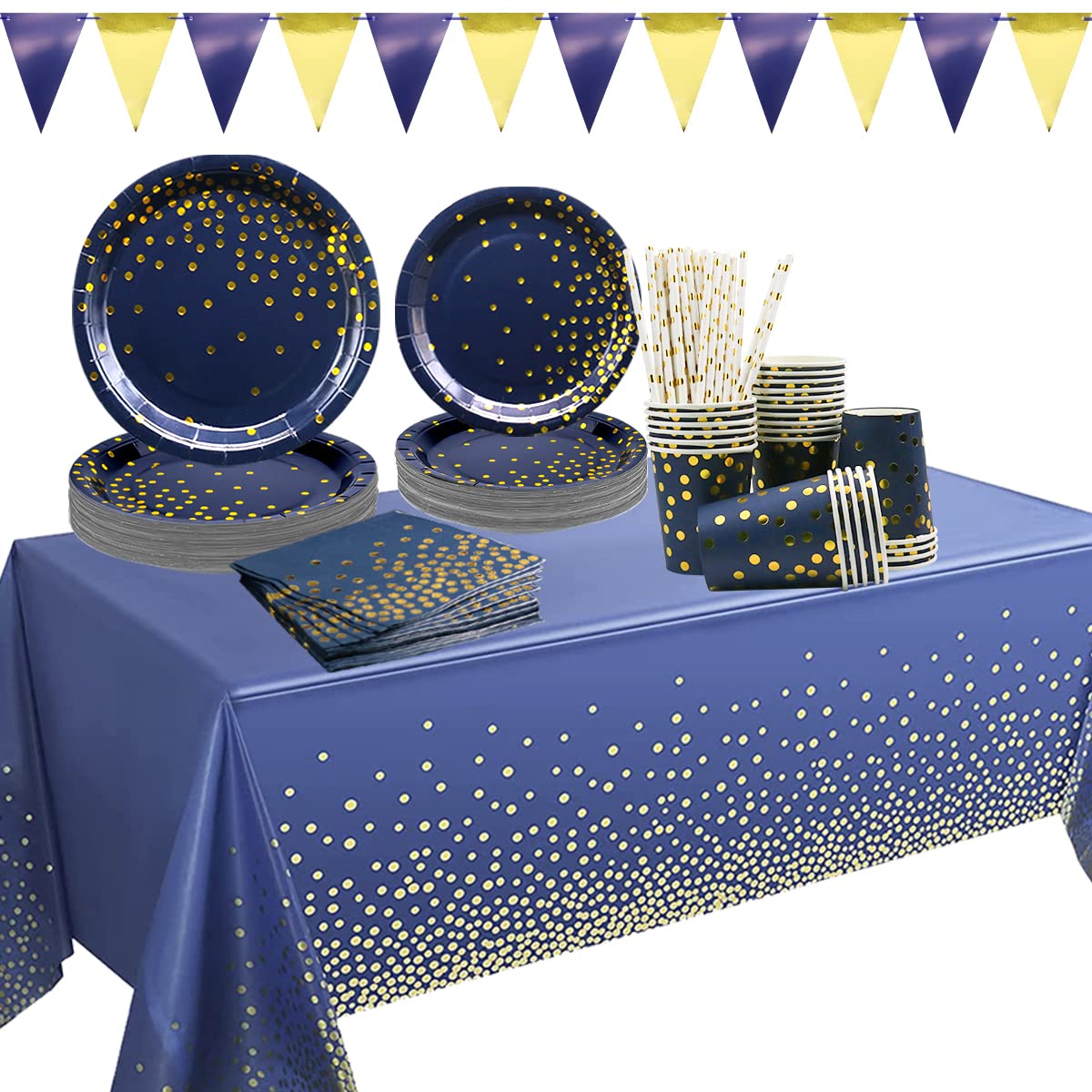 Navy Blue and Gold Party Decorations Tableware Set - Plates, Cups, Napkins, Banner, Tablecloth, Straws - for Wedding Birthday Party Anniversary Baby Shower Serves 25 Guests (A)