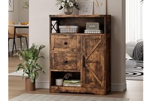 BonVache Farmhouse Storage Cabinet with 2 Drawers & Door,Freestanding Floor Storage Cabinet with Shelves for Entryway,Living 