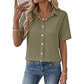 Rapbin Womens Short Sleeve Button Down Shirts Casual V Neck Collared Blouses Work Tops