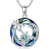 Qyvit Dolphin/Jellyfish/Sea Turtle Necklace 925 Sterling Silver Blue Circle Crystal Summer Ocean Necklace Hawaiian Beach Jewelry for Women