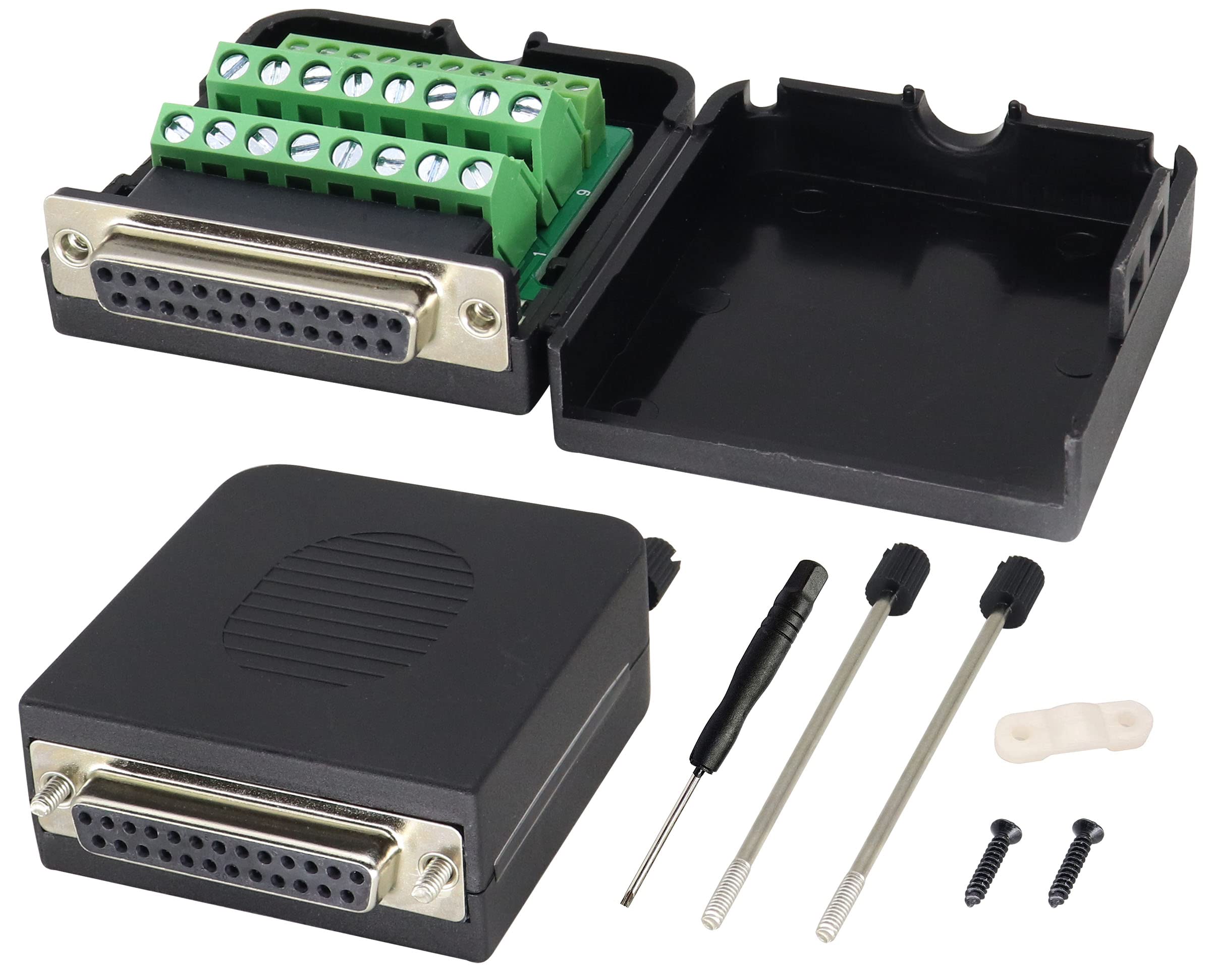 AAOTOKK DB25 Nut Breakout Board Adapter Connector DB25 Female D-SUB Connector to DB25 Screw Wiring Solderless Terminal Module Breakout PCB Board Kits with Case&Screw (2Pcak/Female-Bolt)