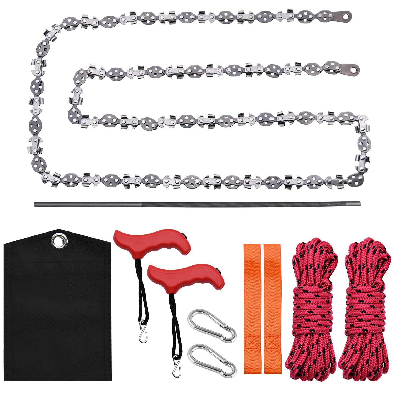 LFSEMINI Hand Chainsaw, 53in High Reach Tree Limb Rope Chain Saw, 68 Sharp Teeth Blades on Both Sides, Pocket Chainsaw with 2 Extra Handles, Ropes, Webbing, S-Hook and Carabiner, Sharpener Cloth Bag