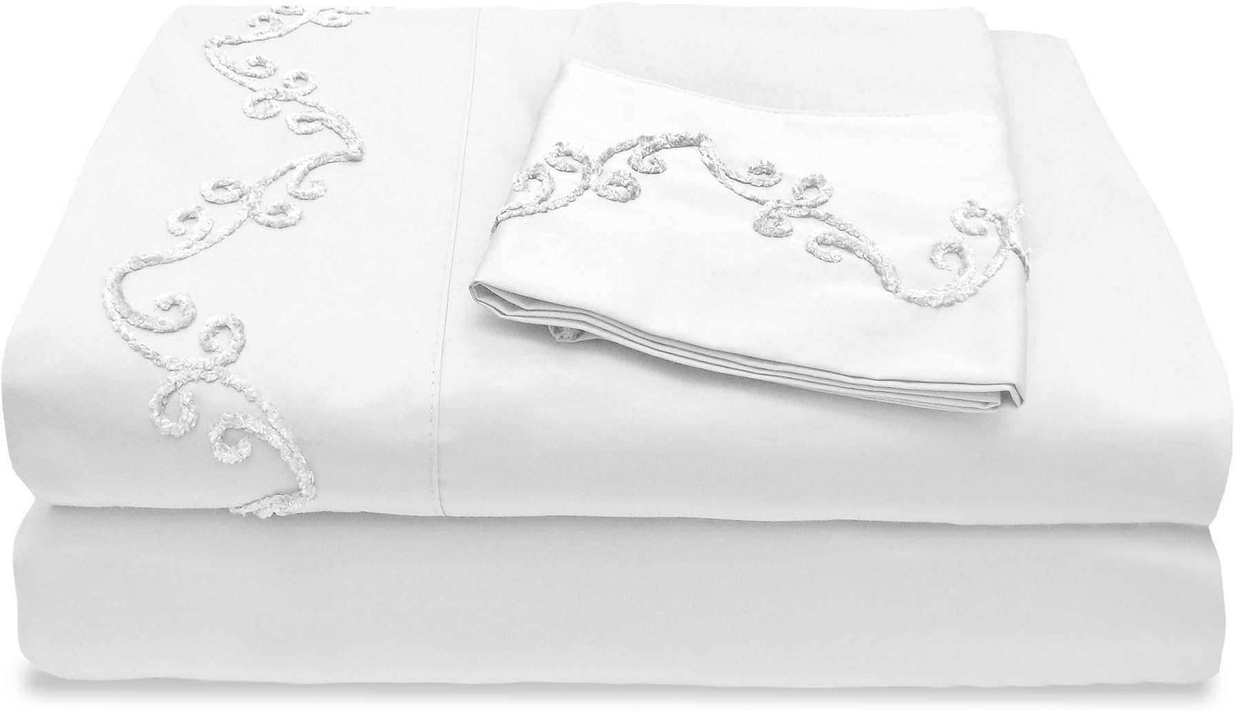 Veratex The Chenille Scroll Collection Contemporary 500 Thread Count 100% Cotton Sateen Pillowcase Pair with Embroidered Design, Standard Size, White