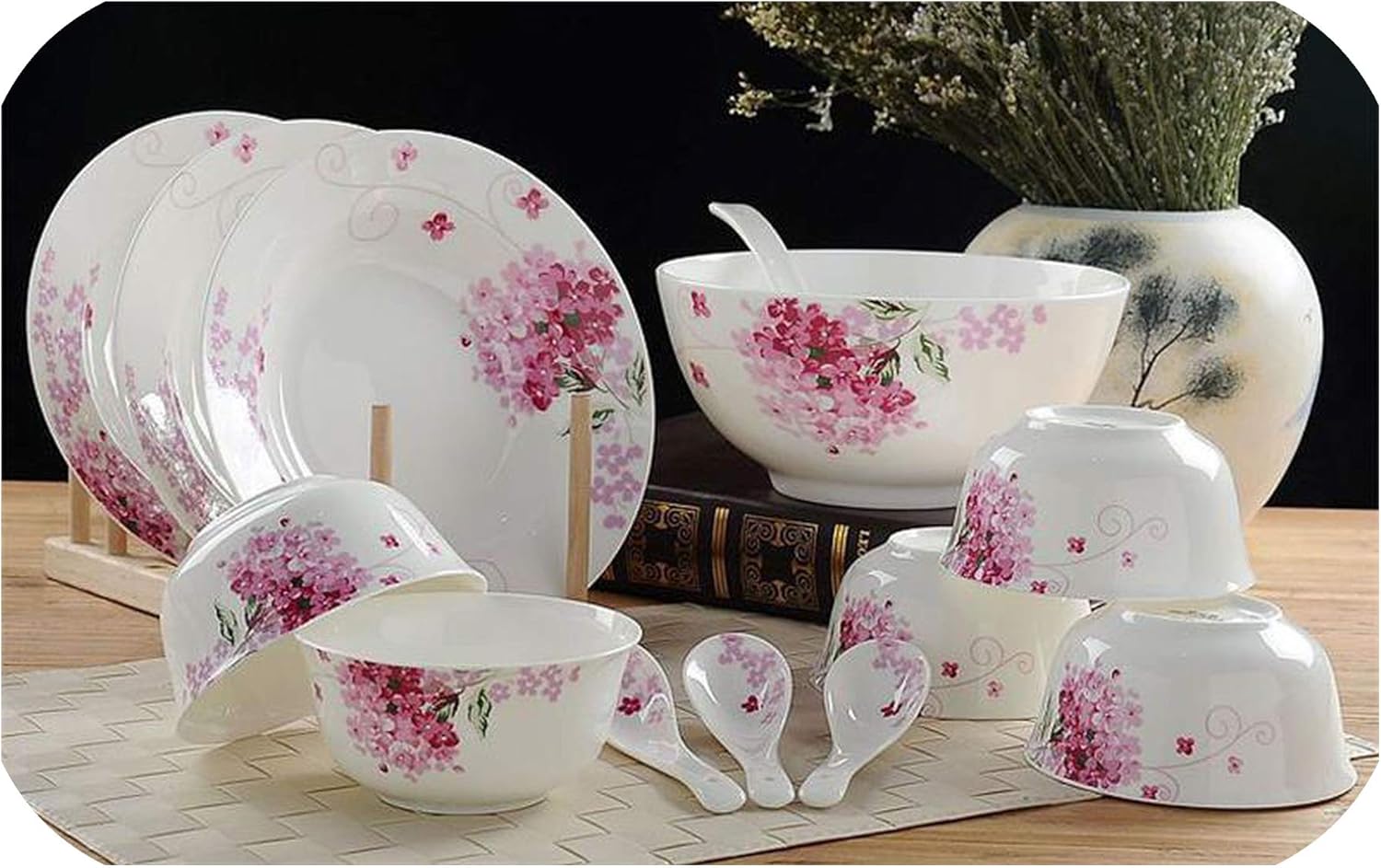 Juego de vajilla de porcelana fina, 40 unidades, diseño floral, Como se