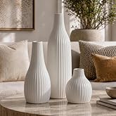 Minimal Line White Ceramic Vase Set of 3, Matte Decorative Flower Vases | Modern Nordic Boho Home Table Decor,Shelf,Entryway,Coffee Table,Dining Table Centerpiece,Fireplace Mantel or Console D&eacute;cor