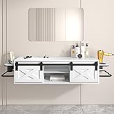 Wall Mount Salon Station, Hair Station with Multifunctional Storage Space, Salon Stations for Hair Stylist with 2 Sliding Barn Doors, Barber Desk with 3 Hair Dryer Holes, 2 Towel Racks (White)