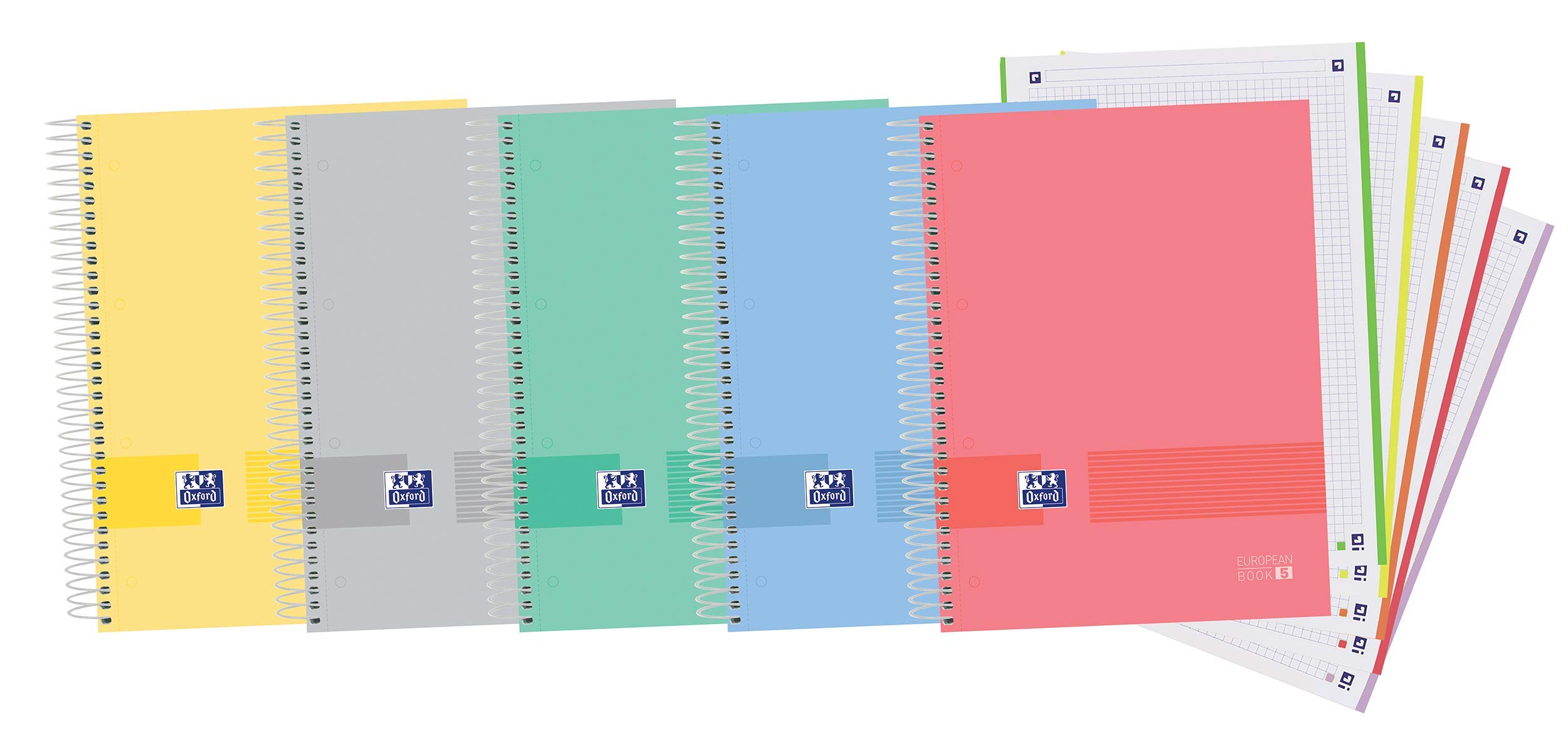 Oxford Microperforated A4+ Notebook, Europeanbook5 Oxford & You, Extra Hard Cover, 5 Bands Colour, 5 x 5 Squares, 120 Sheets, 90 g, Assorted Colours