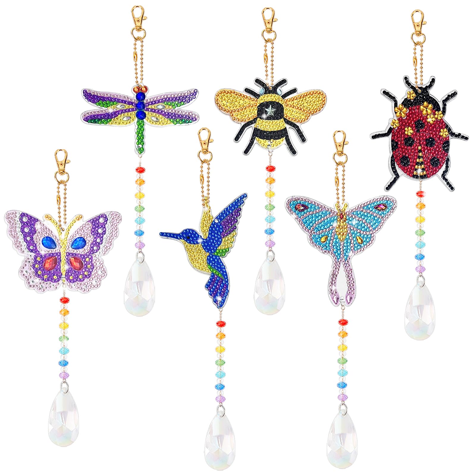 ORIGACH 6 Pcs 5D Diamond Painting Wind Chimes DIY Insect Diamond Painting Suncatcher Kits Butterfly Bee Double Sided Diamond Art Painting Ornaments with Crystal Pendant for Home Garden