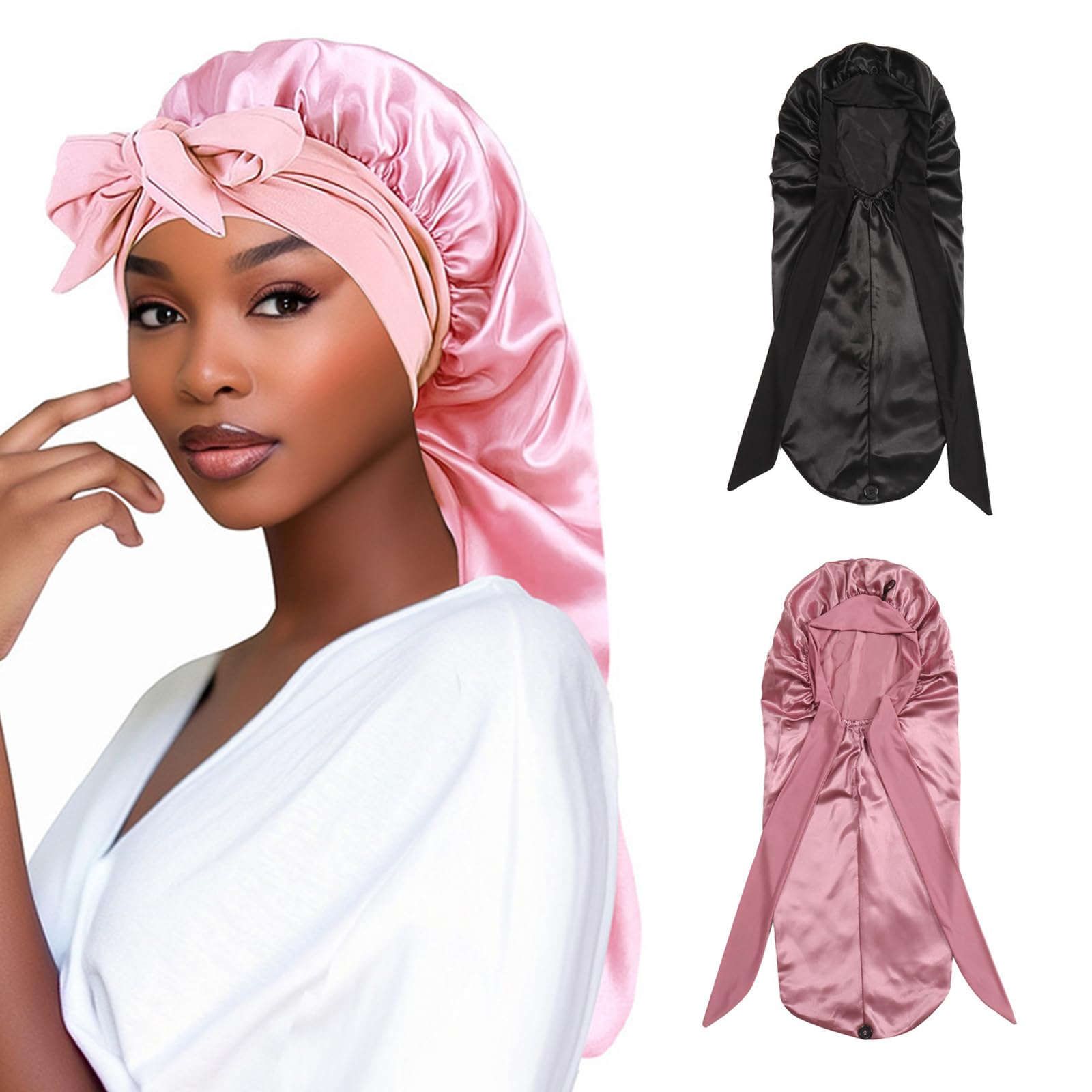 Satin Bonnet Extra Long Silk Sleep Bonnets for Women Adjustable Satin Night Sleeping Cap with Elastic Band Silk Hair Cap for Sleeping Hair Bonnet for Long Curly Hair Braid (Black, Pink, 2 Pcs)