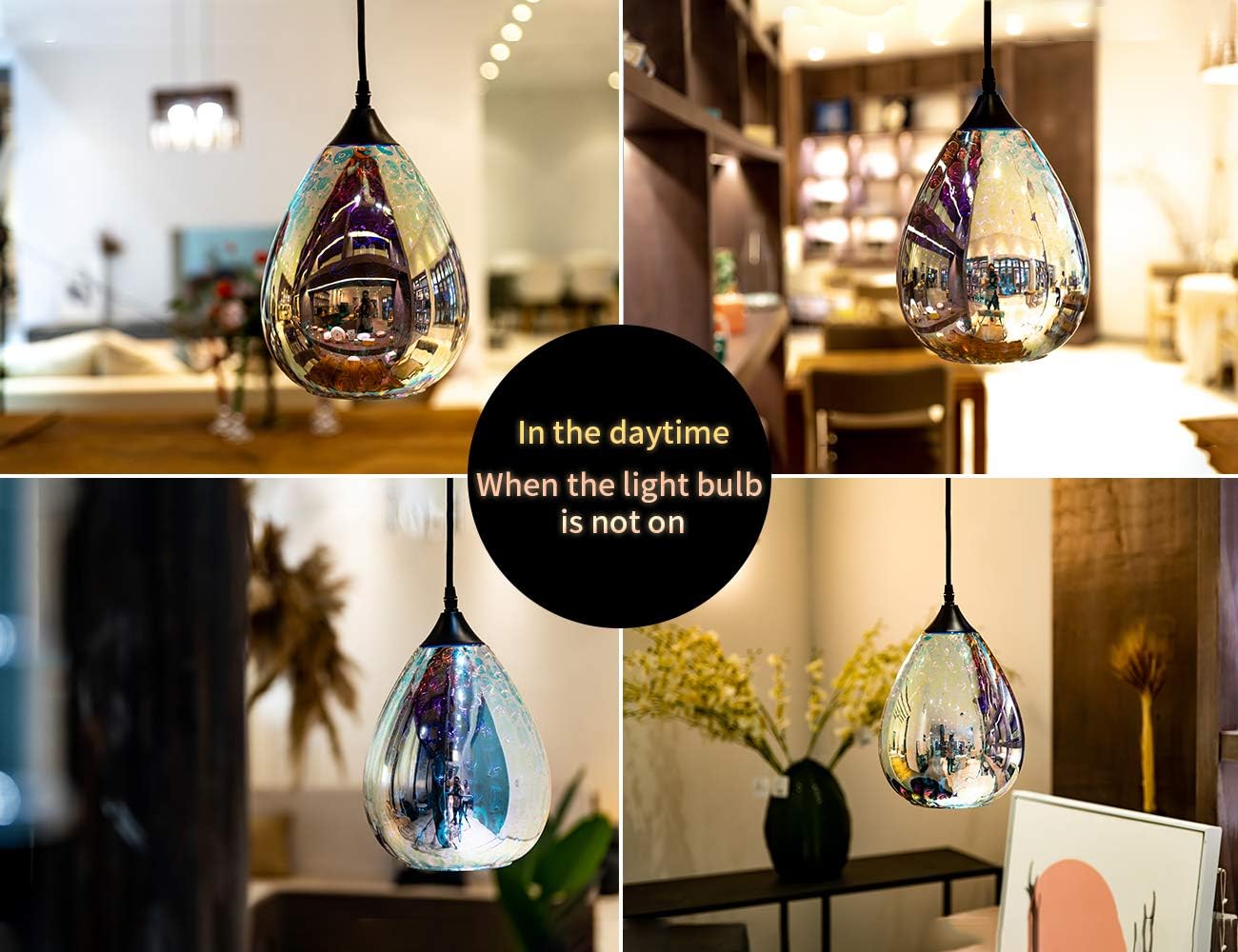 3d Glass Pendant Light, Modern Kitchen Pendant Lighting with Colored Hammered Shade, 3D Reflection Glass Hanging Pendant Ceiling Light Fixture for Living Room Bedroom Island Restaurant Bar, 8in Chrome - - 