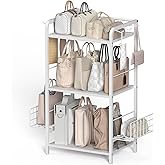PINPON 3-Tier Purse Organizer Rack, Iron & Wood Floor-Standing Bag Storage Holder with 6 Hooks & 2 Removable Baskets, Adjusta