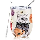 NymphFable 12oz Cat Cup Wine Tumbler With Straw and Lid Stainless Steel Travel Mug Insulated Double Wall