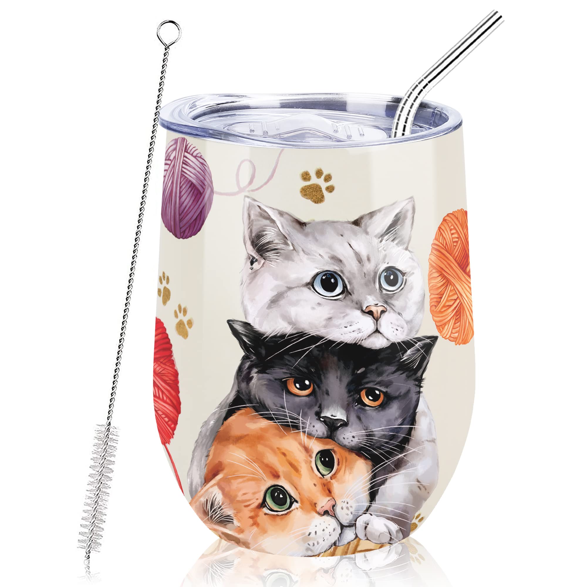 NymphFable 12oz Cat Cup Travel Mug Insulated Wine Tumbler with Straw and Lid Coffee Mug Gifts for Women Double Wall