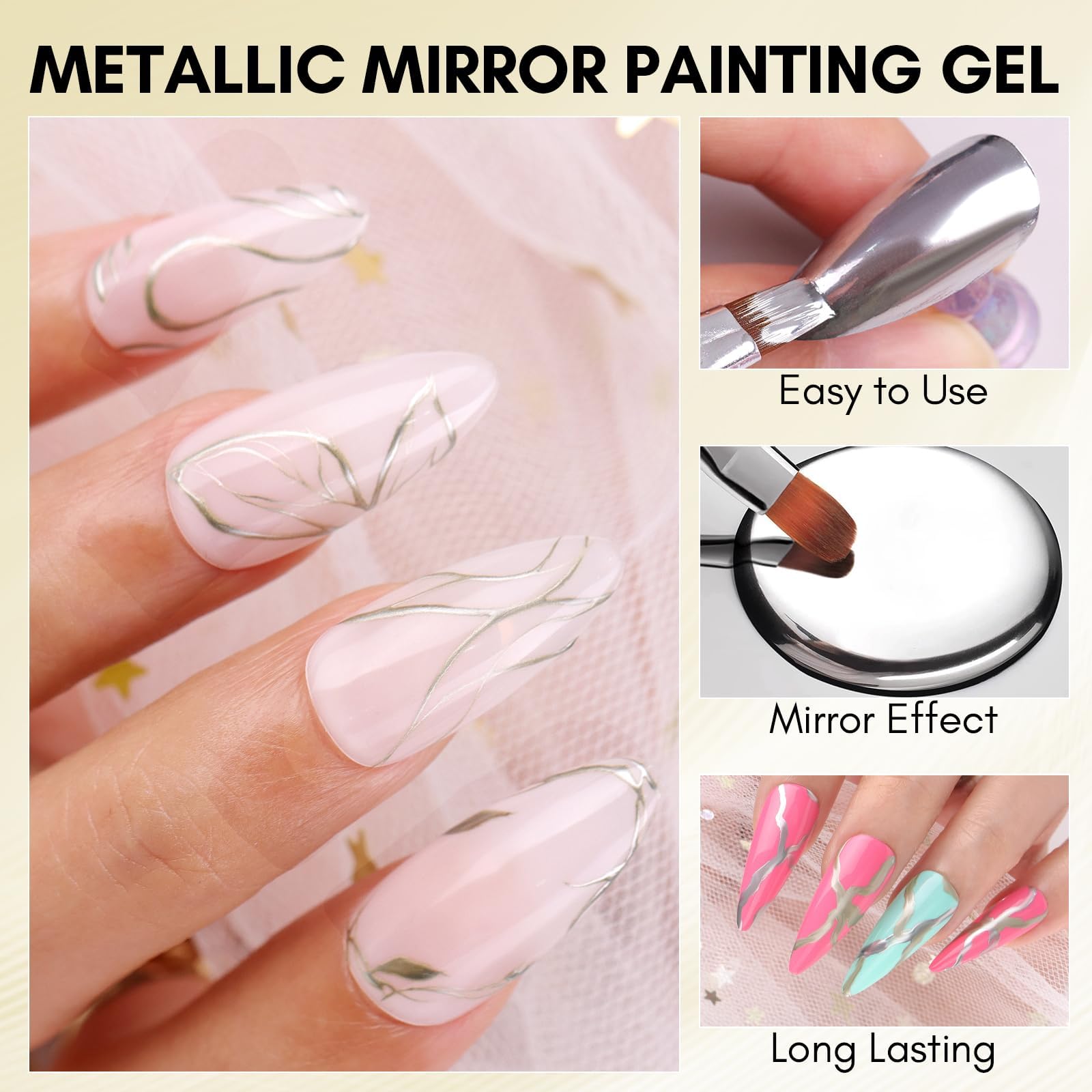 Makartt Chrome Gel Nail Polish Set: Metallic Gel Nail Polish, Silver and Gold 3D Metal Painting Gel for Nail Art Soak off UV/LED Glossy Mirror Effect Nail Glue Gel for Home Salon DIY Manicure（2pcs） - Image 2