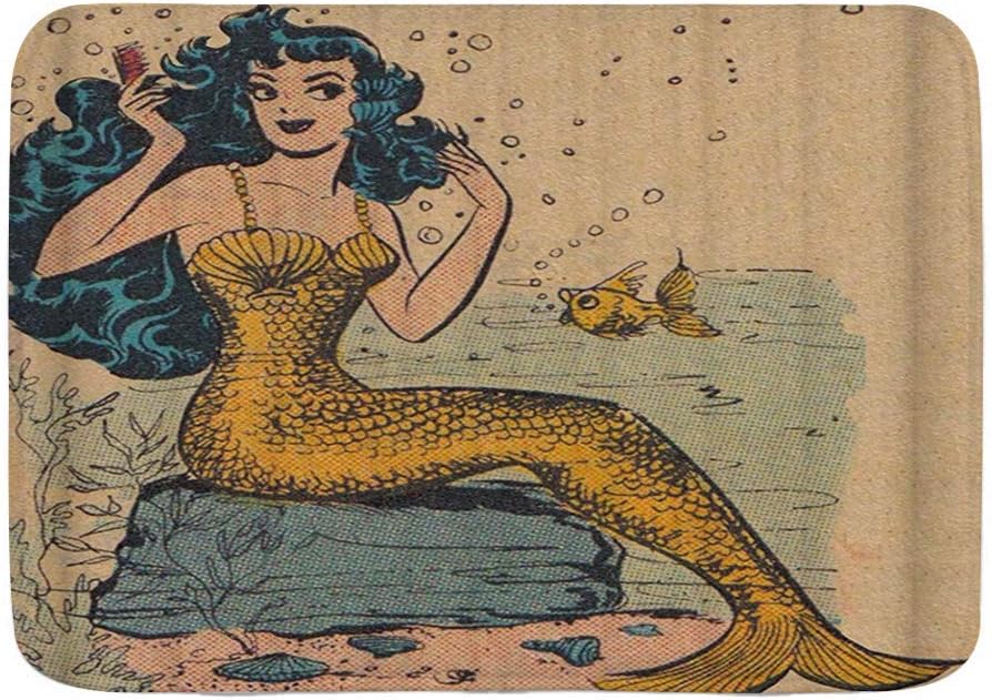 YnimioHOB Microfiber Bath Mat Rug,Beautiful Mermaid Comb Hair Fish Spit Bubbles Unique Illustration Artistic,Bathroom Rugs Carpet Non Slip,29.5" X 17.5"