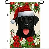 BlissYard Christmas Garden Flag 12x18 Inch Black Labrador Dog Outdoor Flag Double Sided Holiday Yard Banner with Santa Hat Poinsettias and Holly Leaves for Porch Lawn Patio
