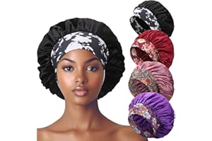 HEQU 4 Pcs Satin Bonnet for Sleeping, Elastic Wideband Hair Bonnet for Sleeping Satin for Curly, Long Hair, Braid