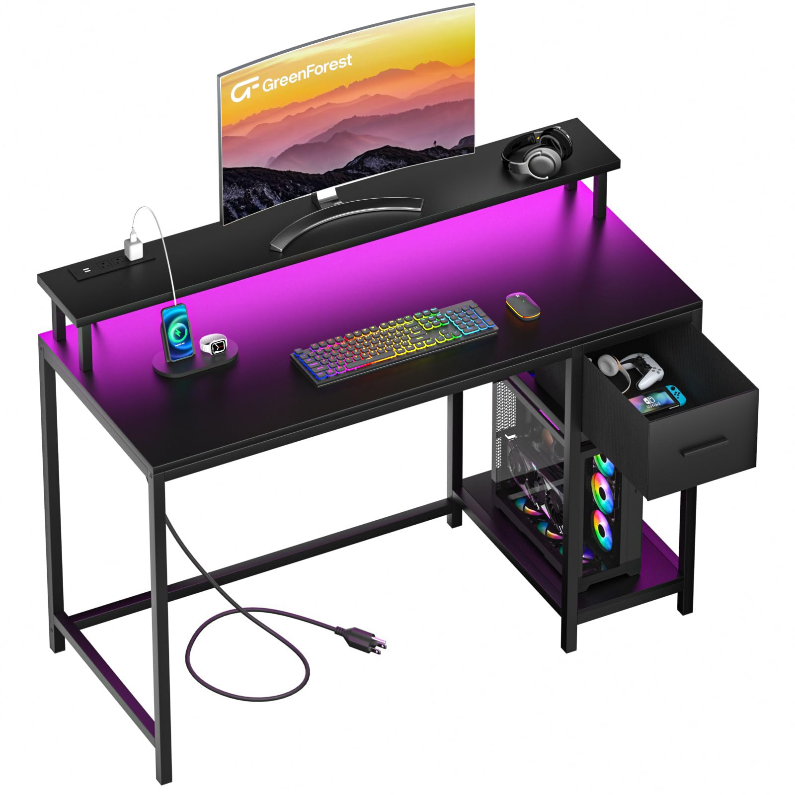 Photo 1 of GreenForest Gaming Desk 39 Inch with LED Lights and Monitor Stand, Computer Desk with Drawer for Small Spaces, Office Desk with Power Outlets and Shelf, Black