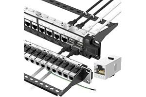 Jadaol 24 Port Shielded Patch Panel Rack or Wall Mount 19-Inch, 1U Cat6A Network Panel Preloaded with 24 Keystone Couplers Plus 1 Spare, 10Gbps Ethernet Panel with Cable Management & Back Support Bar