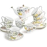 Bone China Tea Set for 6, Lemon Porcelain Tea Set for Adults 15-Piece Vintage Tea Party Set for Women with Teapot Sugar Bowl Creamer Tea Cups and Saucers, Fine China Tea Set for Gift